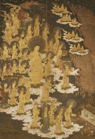 阿弥陀聖衆来迎図（奈良国立博物館蔵）　The Welcoming Descent of Amida (Skt.Amitābha) (Collection of the Nara National Museum)
